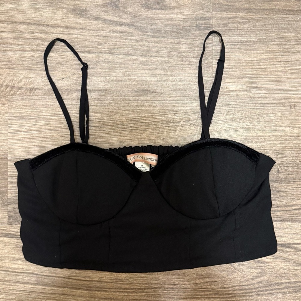 Black Women's Cropped Tank Top Medium - Velvet Trim, Adjustable Straps